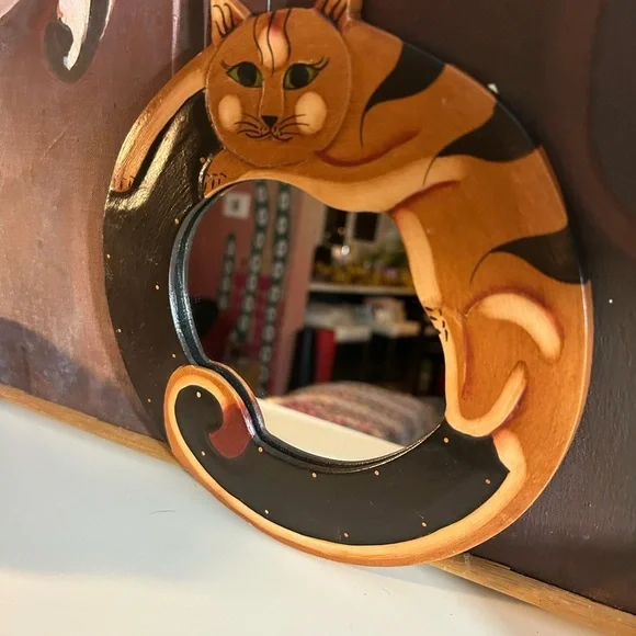 Handcrafted 8" Cat Design Decorative Wall Mirror Indonesia - Picture 8 of 14